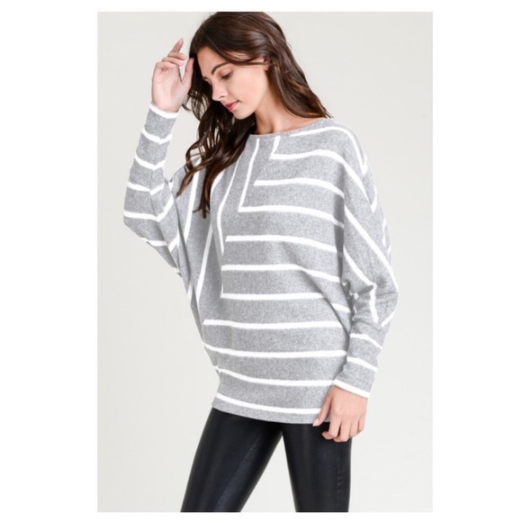 Striped gray and white top with boat neck and long sleeves. - Picture 3 of 4